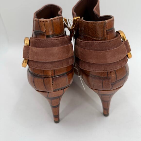 VINCE CAMUTO Selmente Boots SZ 8.5 NWOT Brown Suede Gold Heel Bootie Zipper Croc - Picture 5 of 15